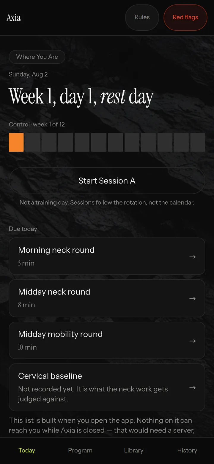 The Axia Today screen, showing the current week, the session, and the protocol rounds still due.